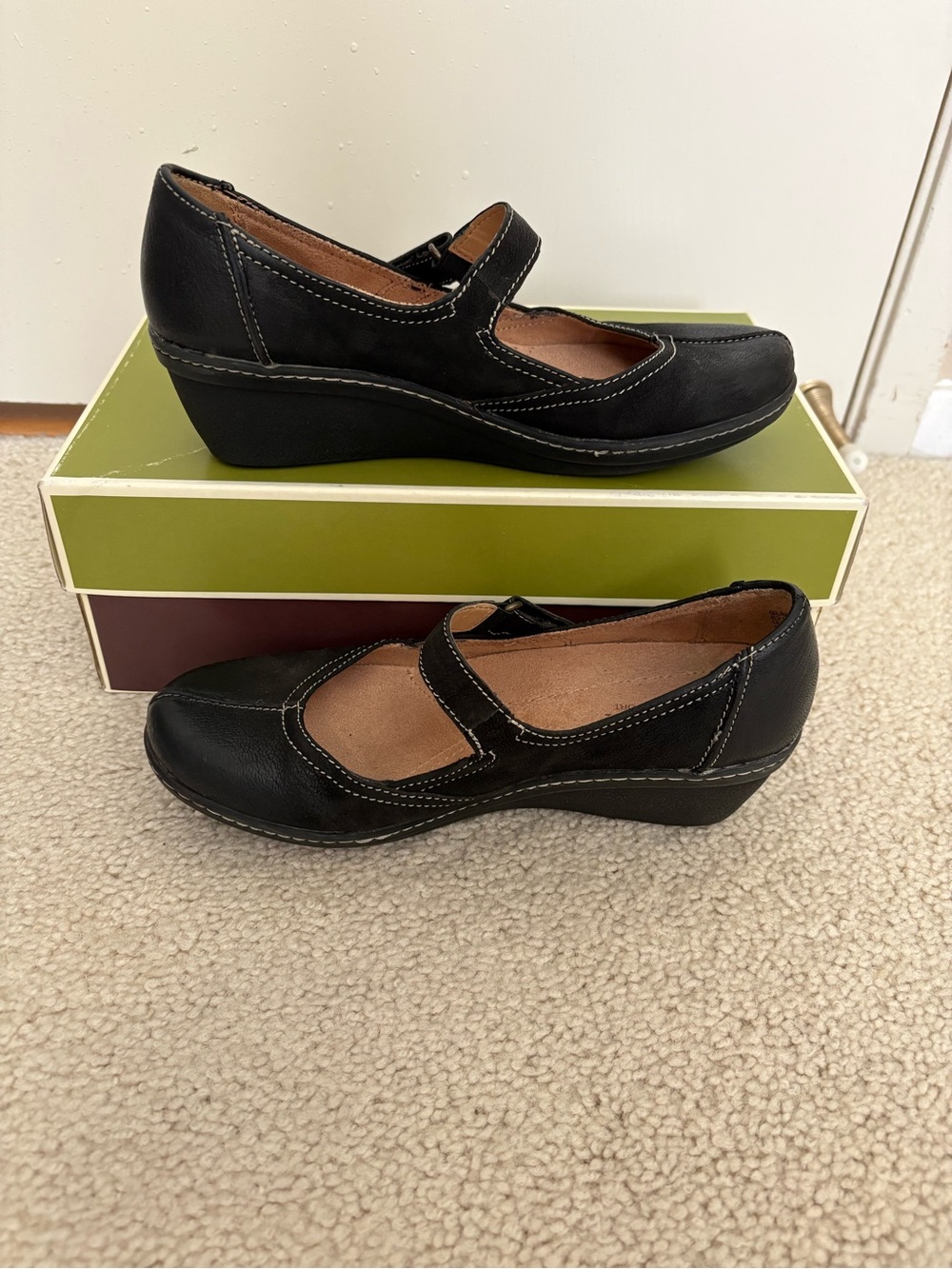 Leather Black Mary Jane Wedge Mules with Velcro Strap